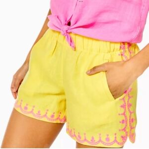 NWOT Lilly Pulitzer Yellow w/Pink Embroidery Linen Short